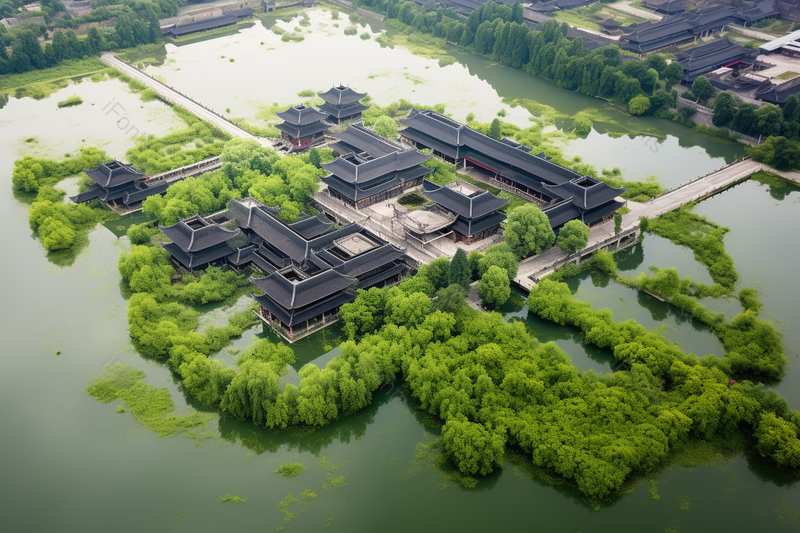 绿树环绕的中国式古建筑在湖中央风景区,高清,摄影图,摄影图片,图片大全,摄影图免费下载